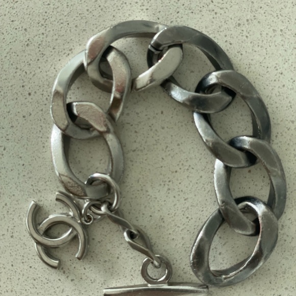 Authentic CHANEL Chain Link CC Bracelet Two-Tone Silver color Brushed - Picture 9 of 10